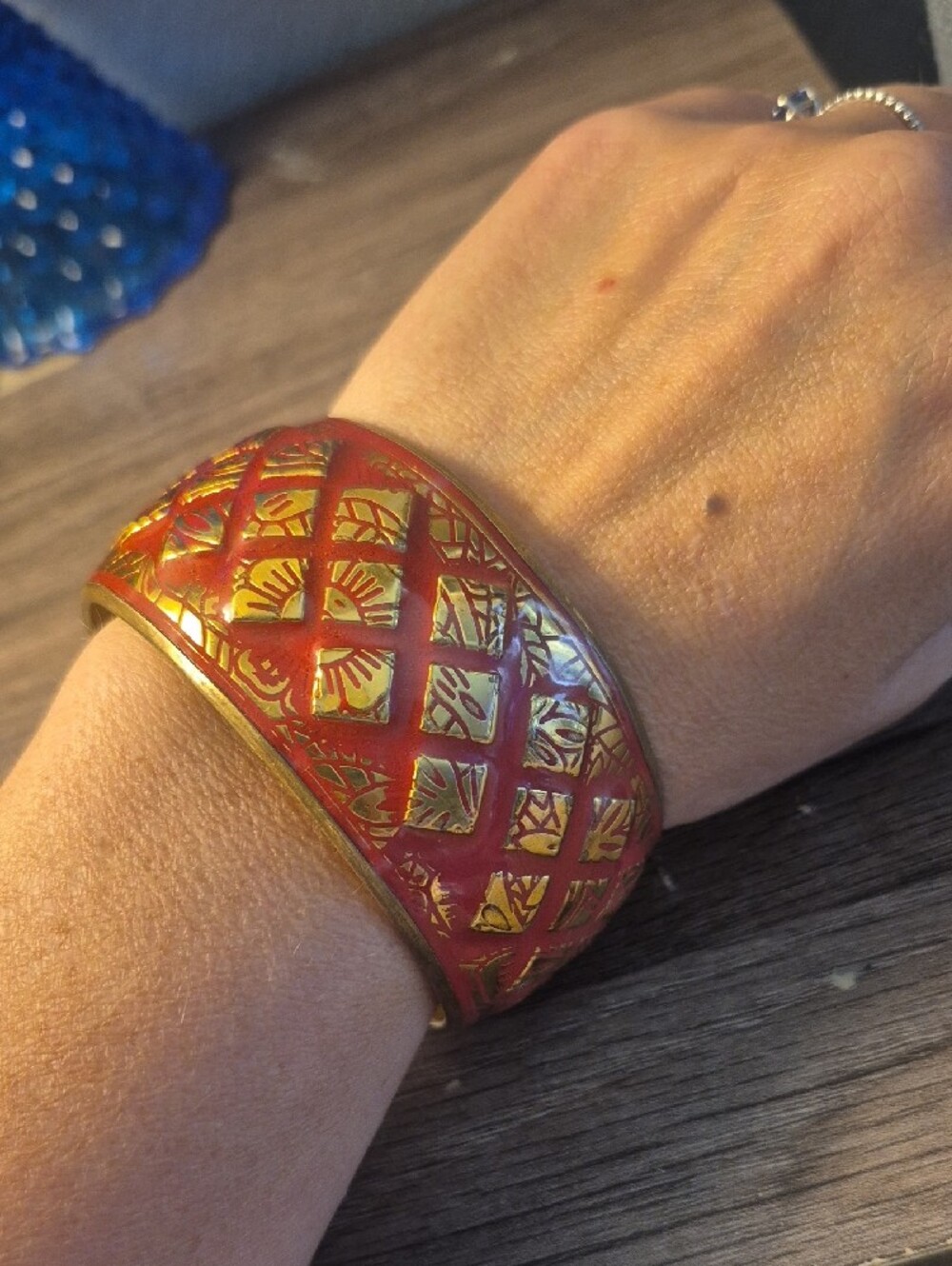 Vintage Enamel Red and Gold Decorative Brass Bangle Bracelet